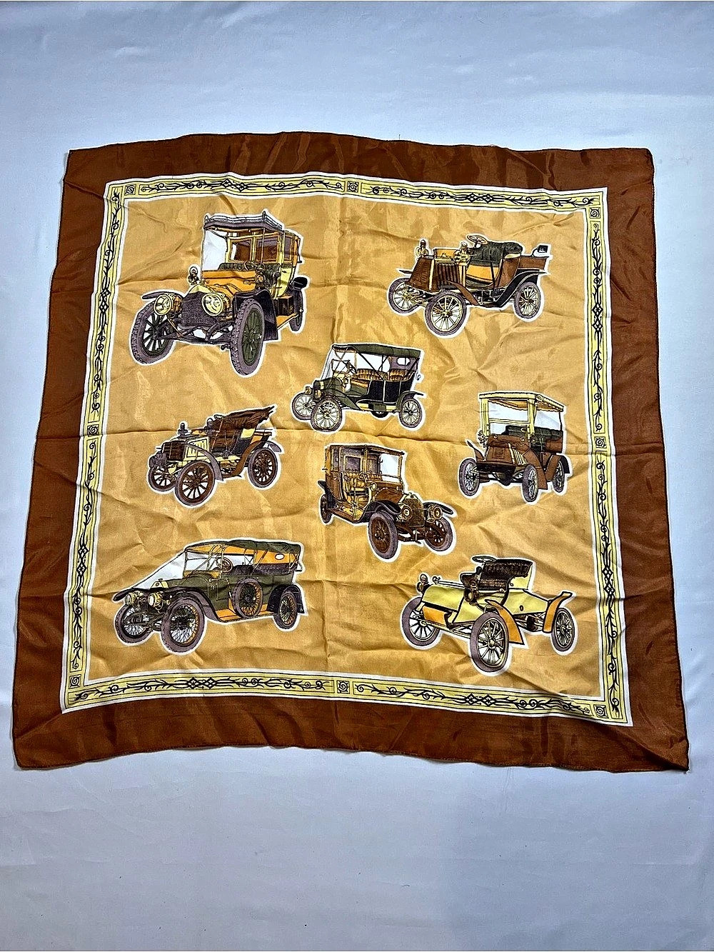 Vintage Car Print Scarf in Brown & Gold